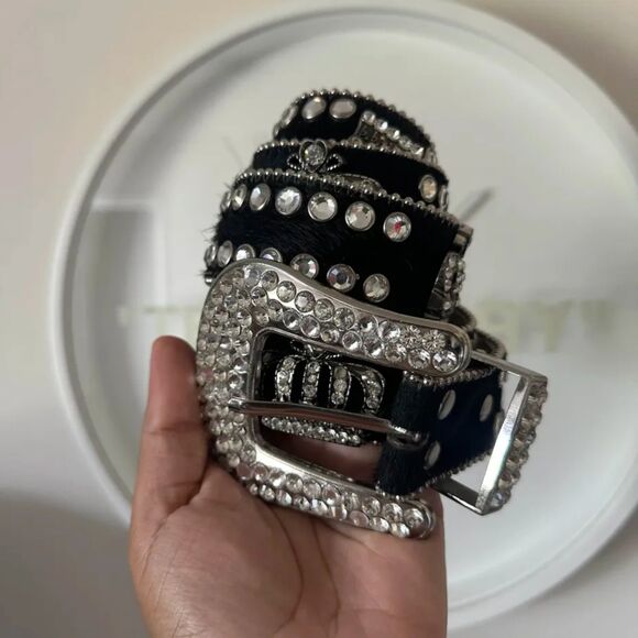 Authentic 2002 BB Simon Black Pony Hair Crown Studded Belt Size 36
